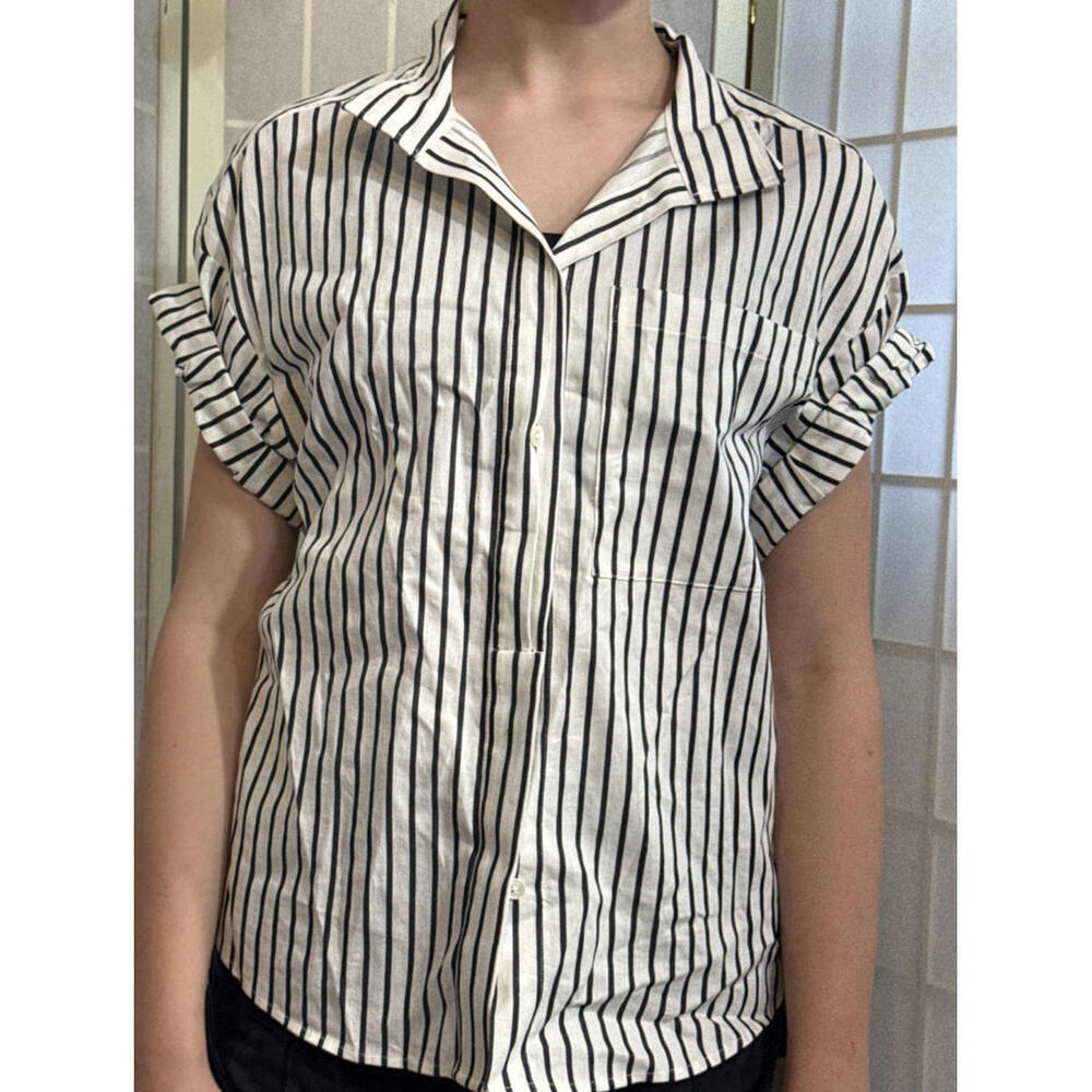 Frame Revolve Linen Blend Striped Organic Short Sleeve Button Up Blouse Size XS